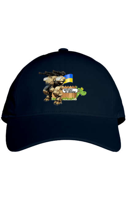 Cap with prints Ukraine welcomes you. Combat vehicle, crocodile, flag, machine guns, robot, symbolics, ukraine. 2070702