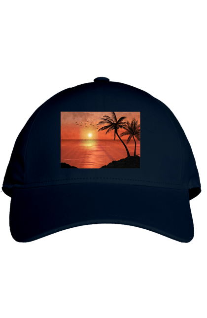 Кепка з принтом "Захід Пальми Море". Берег, захід, море, пальми. 2070702