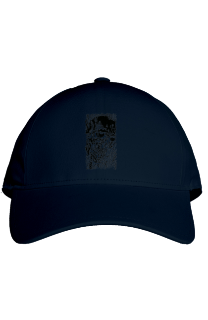 Cap with prints Skull. Black and white, bones, eyes, scull, teeth, worms. 2070702