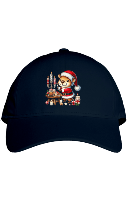 Cap with prints Capybara and Christmas Dinner. Animal, capybara, christmas, christmas capybara, christmas dinner, gift, holiday, new year, new year`s gift, santa. 2070702