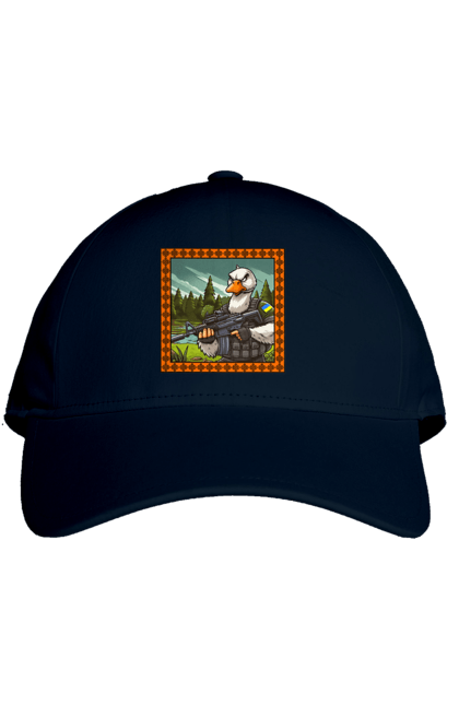 Cap with prints Goose landing. Armed forces, biological weapons, fighting geese, flag, goose landing, military goose, symbolics, ukraine. 2070702