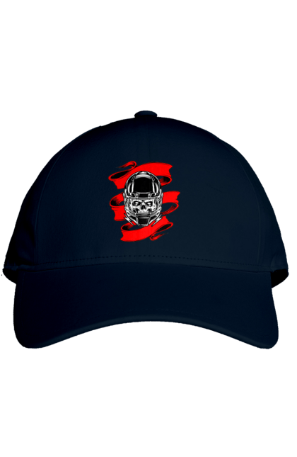 Cap with prints Skull in a motorcycle helmet. Helmet, moto, skull, tape. 2070702