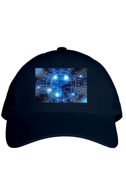 Кепка з принтом "Штучний інтелект". Айті, айтішник, гік, знання, інженер, інтелект, кібер, кібернетика, кіборг, код, комп, комп`ютерник, кристал, машинне навчання, мікросхема, мозок, портрет, програміст, професіонал, професія, розробник, розум, хакер, чіп, штучний інтелект, штучний розум. 2070702