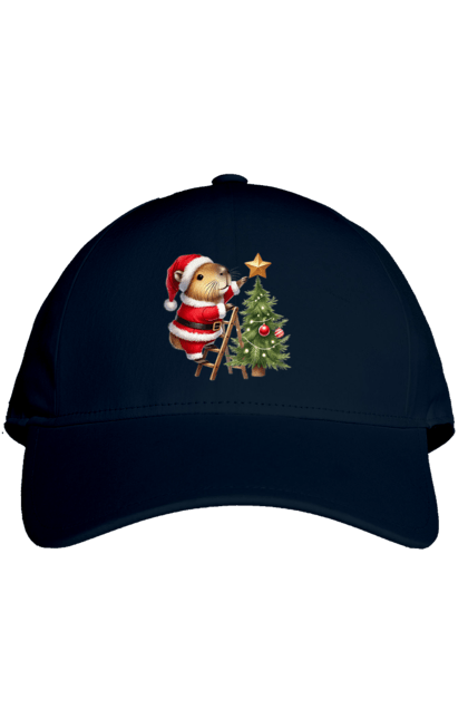 Cap with prints Christmas Capybara with a Tree. Animal, capybara, christmas, christmas capybara, christmas tree, gift, holiday, new year, new year`s gift, santa. 2070702