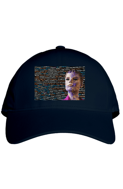 Кепка з принтом "Штучний Розум". Айті, айтішник, гик, жінка, знання, інженер, інтелект, кібер, кібернетика, кіборг, код, комп, комп`ютерник, кристал, машинне навчання, мікросхема, мозок, портрет, програміст, професіонал, професія, розробник, розум, світиться, світло, хакер, чіп, штучний інтелект, штучний розум. 2070702