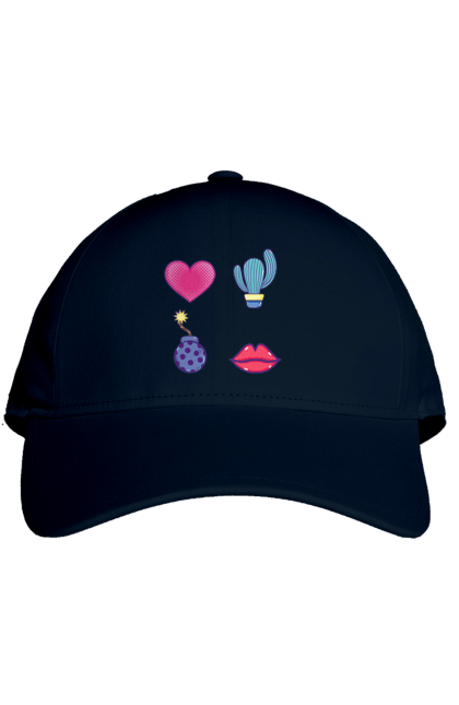 Cap with prints Heart, Cactus, Bomb, Lips. Bomb, cactus, lips. 2070702