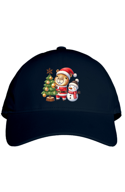 Cap with prints Christmas Capybara with a Tree. Animal, capybara, christmas, christmas capybara, christmas tree, gift, holiday, new year, new year`s gift, santa. 2070702