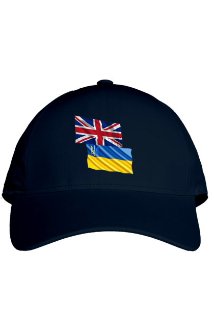 Кепка з принтом "Прапор Великої Британії, прапор України, Підтримка України". Британія, велика британія, війна, киев, мир, національні кольори, прапор, прапор британії, прапор великої британії. 2070702
