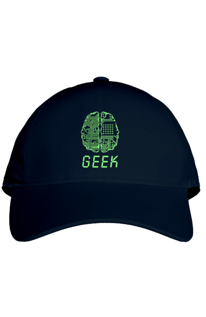 Cap with prints Geek Brain Neon. Brain, chip, code, comp, crystal, cyber, cybernetics, cyborg, engineer, geek, green, it, it specialist, knowledge, light, luminous, mind, neon, printed circuit board, professional. 2070702