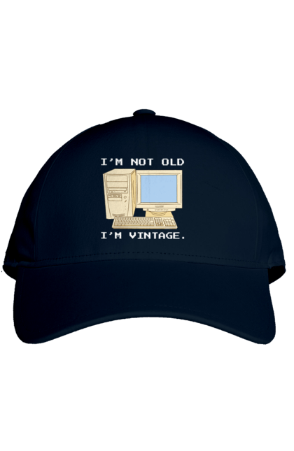 Кепка з принтом "Я не старий, я вінтажний Ретро комп'ютер". Ай ті, айті, айтішник, ботан, вінтаж, вінтажний, гік, клавіатура, код, кодер, комп, мова, піксель, програміст, програмування, ретро, хакер. 2070702