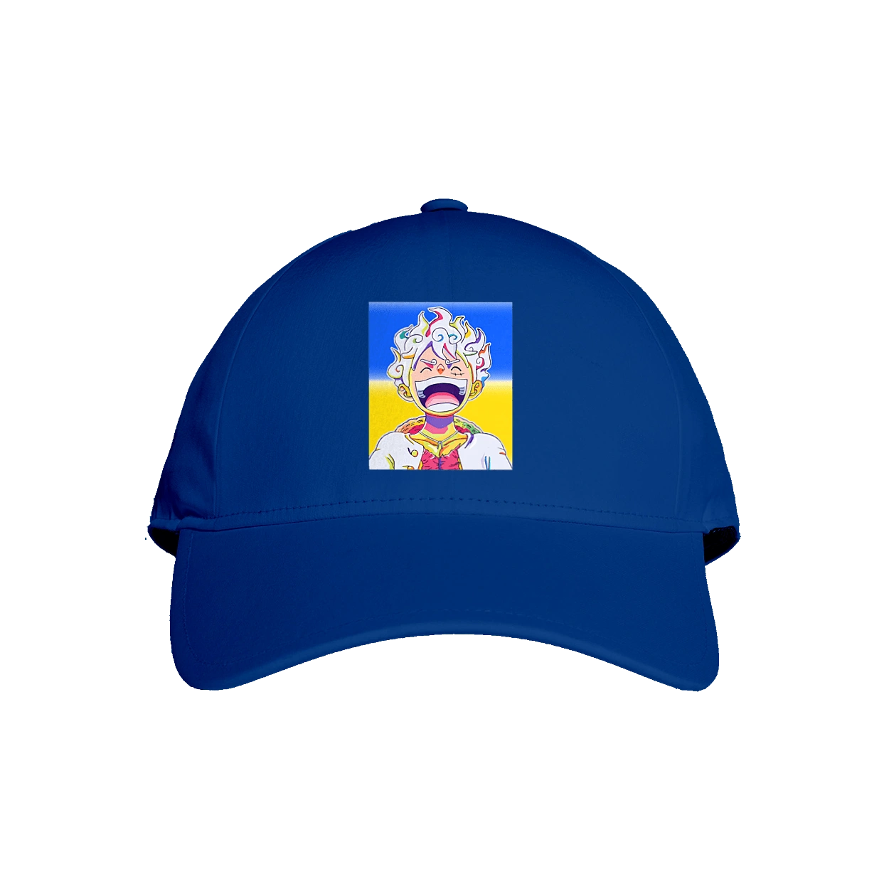 Monkey D Luffy laughing on a yellow blue background