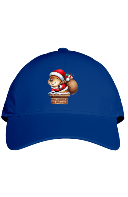 Cap with prints Christmas Capybara with a Gift. Animal, capybara, christmas, christmas capybara, gift, holiday, new year, new year`s gift, santa. 2070702