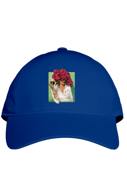 Кепка з принтом "Дівчина з півоніями та келихом". Вино, дівчина, квітка, келих, літо, окуляри, півонії, сорочка. 2070702