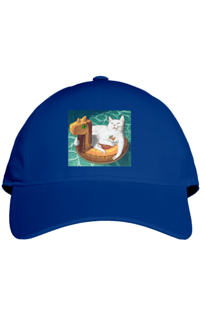 Кепка з принтом "Білий кіт у плавальному колі, на відпочинку". Басейн, відпочинок, кіт, коктейль, море, плавальний круг. 2070702