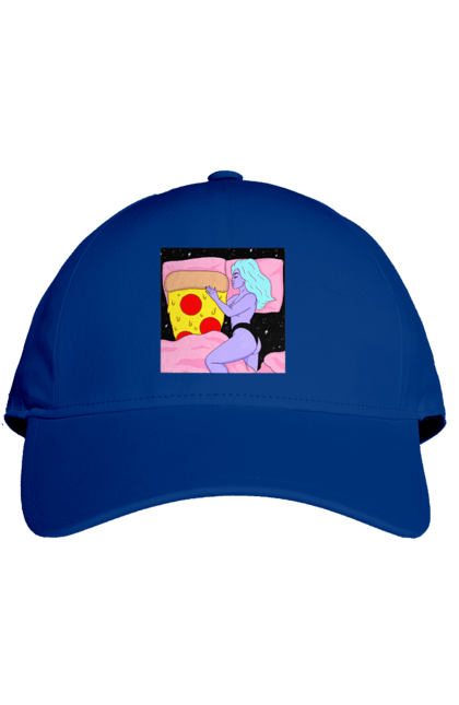 Cap with prints Purple Girl And Pizza. Bed, girl, pizza. 2070702