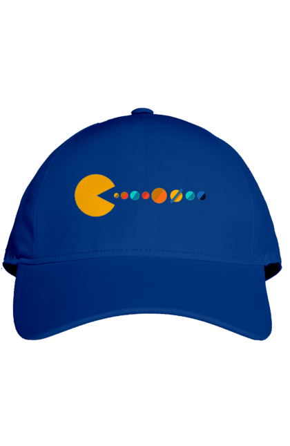 Кепка з принтом "Pac Man Planets". Atari, namco, pac man, аркадна відеогра, відеогра, комп`ютерна гра, космос, лабіринт, планети, сонячна система. 2070702