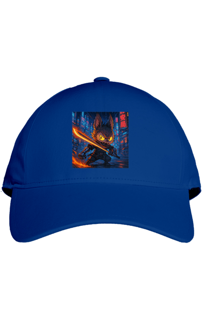 Кепка з принтом "Лабубу". Аніместиль, дія, катана, кіберніндзя, кіберпанк, лабубу, меч, неонове місто, очі` що світяться. 2070702