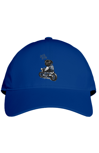 Кепка з принтом "Мопс на мотоциклі". Байкер, мопс, мотоцикл, собака, тварини. 2070702