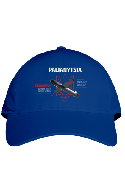 Cap with prints Palianytsia. Drone, emblem, loaf, rocket, weapon. 2070702