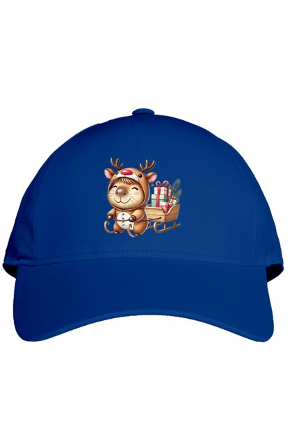 Cap with prints Christmas Capybara with a Gift. Animal, capybara, christmas, christmas capybara, gift, holiday, new year, new year`s gift, santa. 2070702