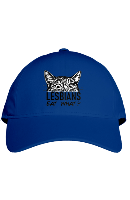 Кепка з принтом "Lesbians eat what?". Гумор, котики, лгбт, лесбіянки, приколи, смішні написи. 2070702