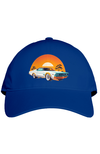 Cap with prints Beautiful car at sunset. Auto, decline, sun. 2070702