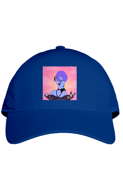 Cap with prints Purple Girl Photo In The Mirror. Mirror, whiteness. 2070702