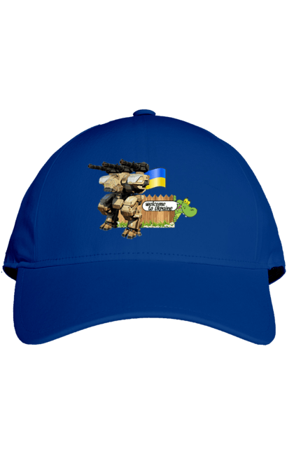 Cap with prints Ukraine welcomes you. Combat vehicle, crocodile, flag, machine guns, robot, symbolics, ukraine. 2070702