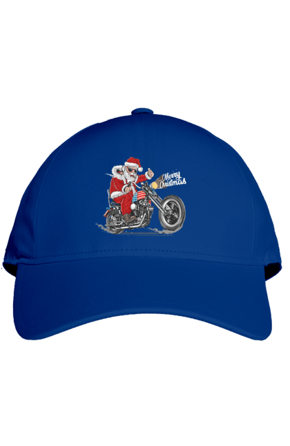 Кепка з принтом "Санта в окулярах на мотоциклі". Байкер, дід мороз, зима, мотоцикл, новий рік, різдво, санта, санта клаус, сніг, щасливого різдва. 2070702