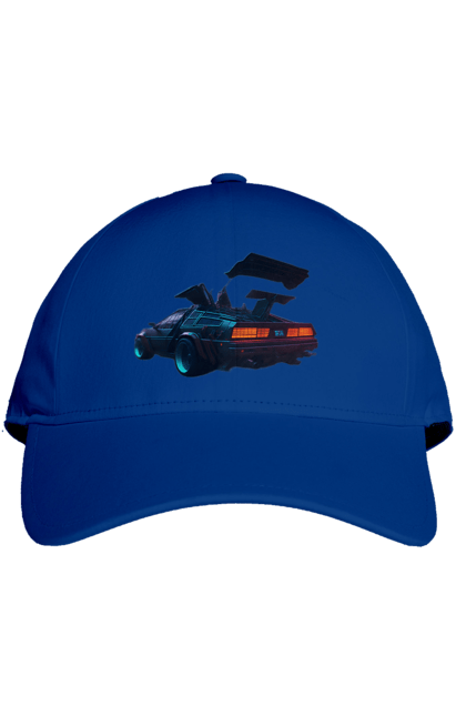 Cap with prints DeLorean from back to the future. Car, delorean, from film. 2070702