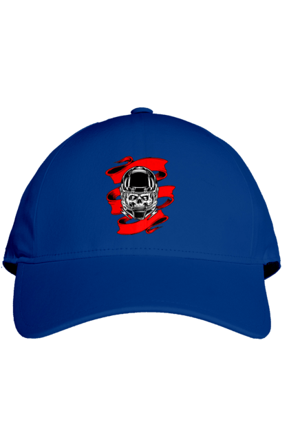Cap with prints Skull in a motorcycle helmet. Helmet, moto, skull, tape. 2070702