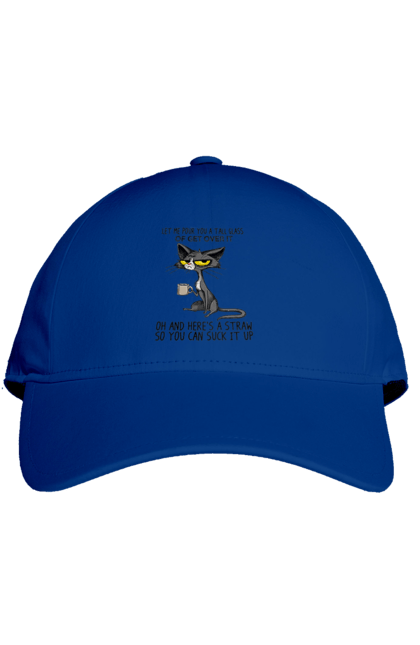 Кепка з принтом "Як це пережити?". Велика склянка, випий, все відмінно, йди нахуй, кіт і кухоль, налий, роздум, смоктати, як це подолати. 2070702