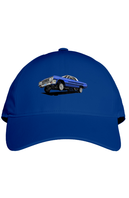 Кепка з принтом "Автомобіль". Автомобіль, імпала, класика, лоурайдер, синій, шевроле. 2070702