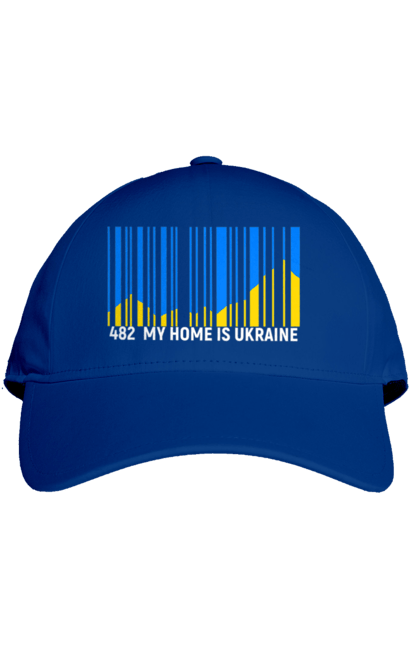 Cap with prints My home is Ukraine. Bar code, blue sky, home, mountains, my country, my house, state mark, ukraine. 2070702