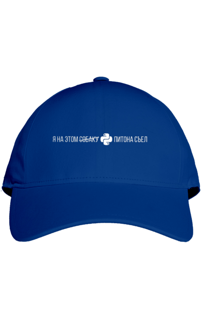 Кепка з принтом "Я на цьому ПІТОНА з`їв". Angular, c, css, html, it, javascript, jquery, php, python, react, svelt, vue, айтишник, айті, гумор, код, кодувати, прогер, програміст, програмісти, ти ж, ти ж програміст, тиж програміст. 2070702