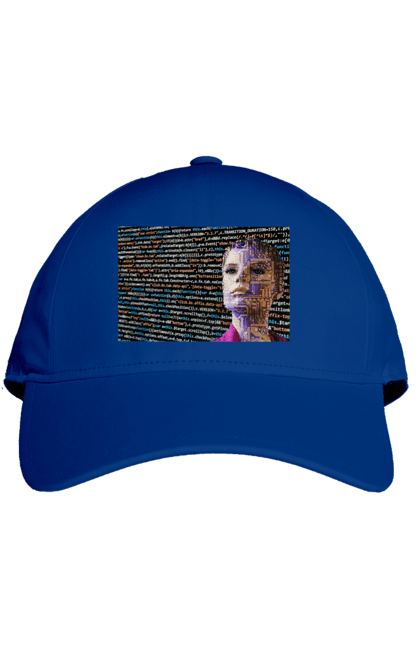 Кепка з принтом "Штучний Розум". Айті, айтішник, гик, жінка, знання, інженер, інтелект, кібер, кібернетика, кіборг, код, комп, комп`ютерник, кристал, машинне навчання, мікросхема, мозок, портрет, програміст, професіонал, професія, розробник, розум, світиться, світло, хакер, чіп, штучний інтелект, штучний розум. 2070702