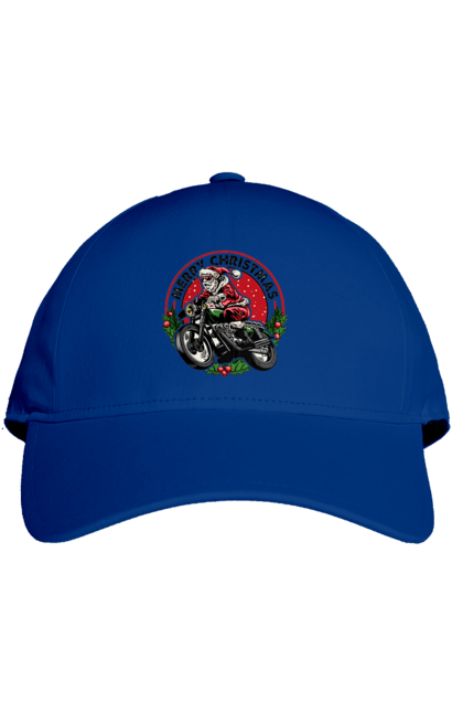 Кепка з принтом "Щасливого Різдва, дід мороз на мотоциклі". 2022, дід мороз, зима, мотоцикл, новий рік, подарунки, різдво, санта, сніг. 2070702