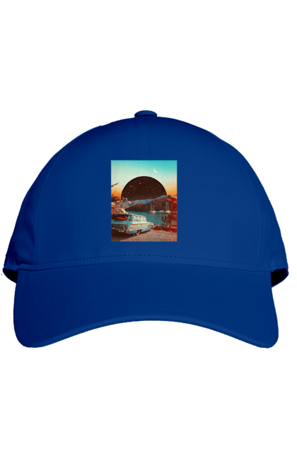 Cap with prints Painting, car by the river. Joke, machine, picture, planet, retro, river. 2070702