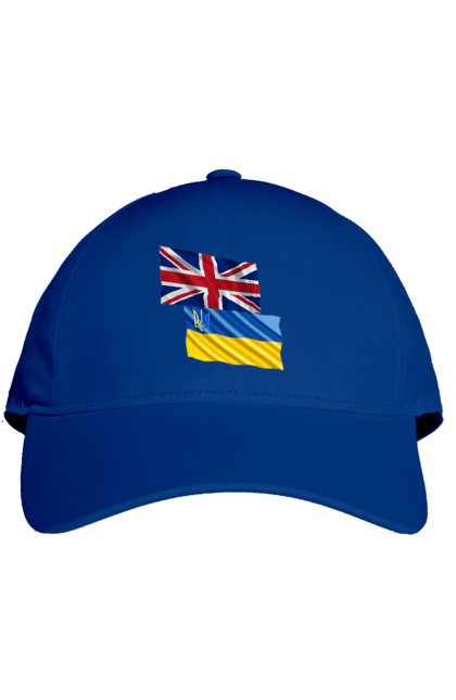 Кепка з принтом "Прапор Великої Британії, прапор України, Підтримка України". Британія, велика британія, війна, киев, мир, національні кольори, прапор, прапор британії, прапор великої британії. 2070702