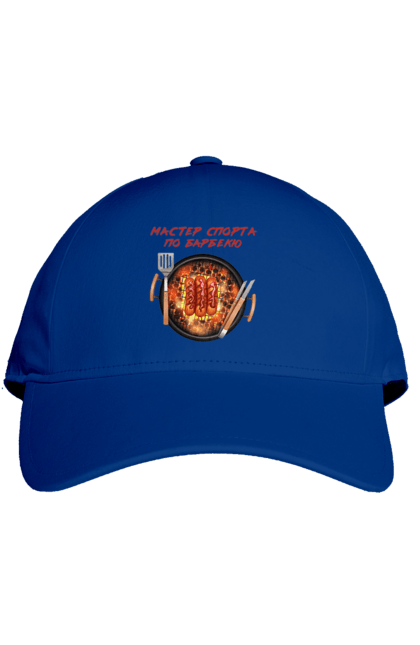 Cap with prints Master Of Sports On Barbecue. B-b-q, master of sport, picnic, sausages. 2070702