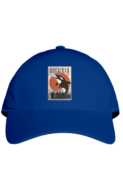 Cap with prints Orcazilla. Cartoon style design, graphic, japan print, japanese, japanese art, japanese poster, japanese poster orca, ocean wildlife, orca, orcazilla. 2070702