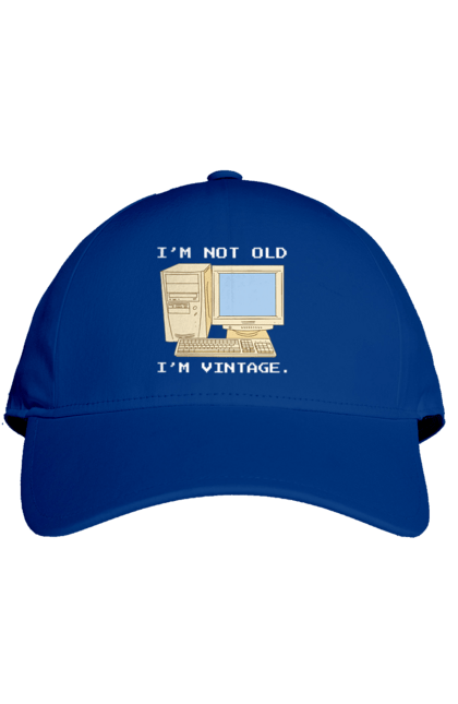Кепка з принтом "Я не старий, я вінтажний Ретро комп'ютер". Ай ті, айті, айтішник, ботан, вінтаж, вінтажний, гік, клавіатура, код, кодер, комп, мова, піксель, програміст, програмування, ретро, хакер. 2070702