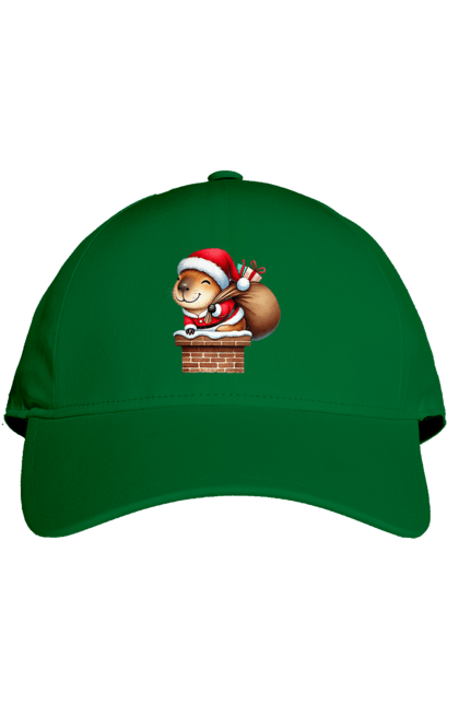 Cap with prints Christmas Capybara with a Gift. Animal, capybara, christmas, christmas capybara, gift, holiday, new year, new year`s gift, santa. 2070702