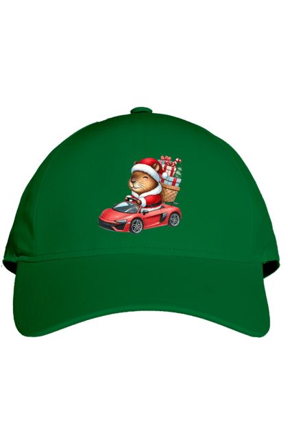 Cap with prints Christmas Capybara with a Gift. Animal, capybara, car, christmas, christmas capybara, gift, holiday, new year, new year`s gift, santa. 2070702