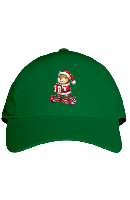 Cap with prints Christmas Capybara with a Gift. Animal, capybara, christmas, christmas capybara, gift, holiday, new year, new year`s gift, santa. 2070702