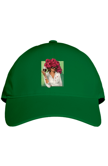 Кепка з принтом "Дівчина з півоніями та келихом". Вино, дівчина, квітка, келих, літо, окуляри, півонії, сорочка. 2070702