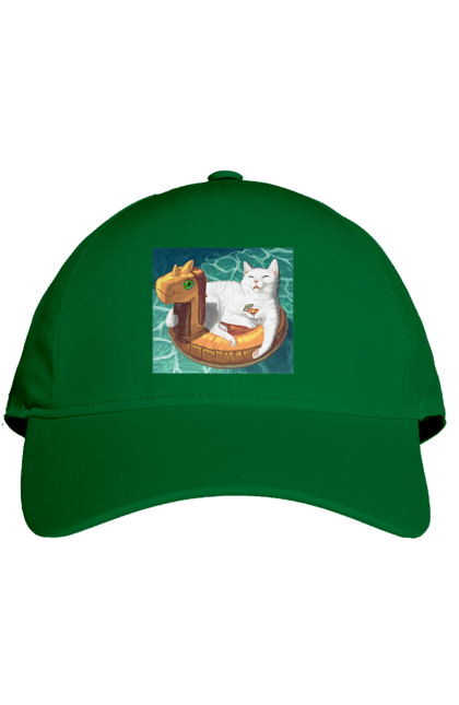 Кепка з принтом "Білий кіт у плавальному колі, на відпочинку". Басейн, відпочинок, кіт, коктейль, море, плавальний круг. 2070702