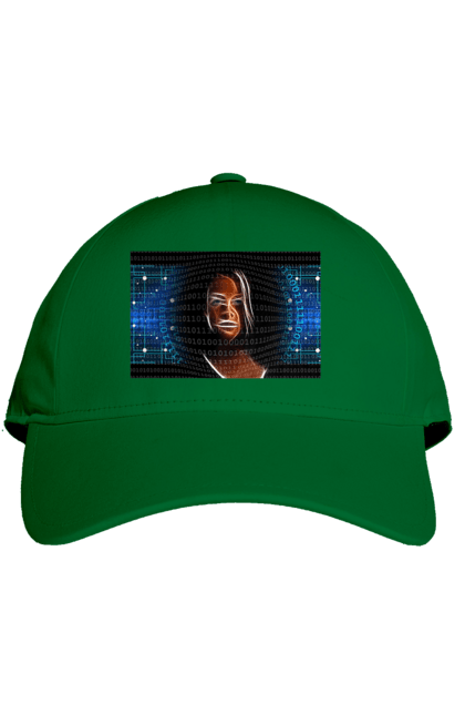 Кепка з принтом "Штучний Розум". Айті, айтішник, гик, жінка, знання, інженер, інтелект, кібер, кібернетика, кіборг, код, комп, комп`ютерник, кристал, машинне навчання, мікросхема, мозок, портрет, програміст, професіонал, професія, розробник, розум, світиться, світло, хакер, чіп, штучний інтелект, штучний розум. 2070702