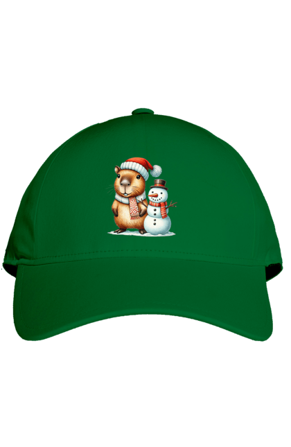 Cap with prints Capybara and Snowman. Animal, capybara, christmas, christmas capybara, gift, holiday, new year, new year`s gift, santa, snowman. 2070702