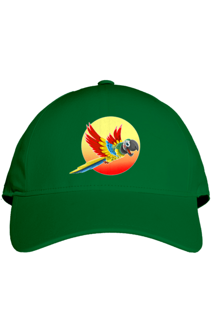Кепка з принтом "Папуга На Тлі Сонця". Ара, веселий, відпочинок, відпустка, диск, жарко, жовтий, коло, кольоровий, крила, літає, літо, папуга, папужка, пір`я, політ, помаранчевий, птах, різнокольоровий, сонце, сонячно, спека, тепло, тропіки, у польоті, червоний. 2070702